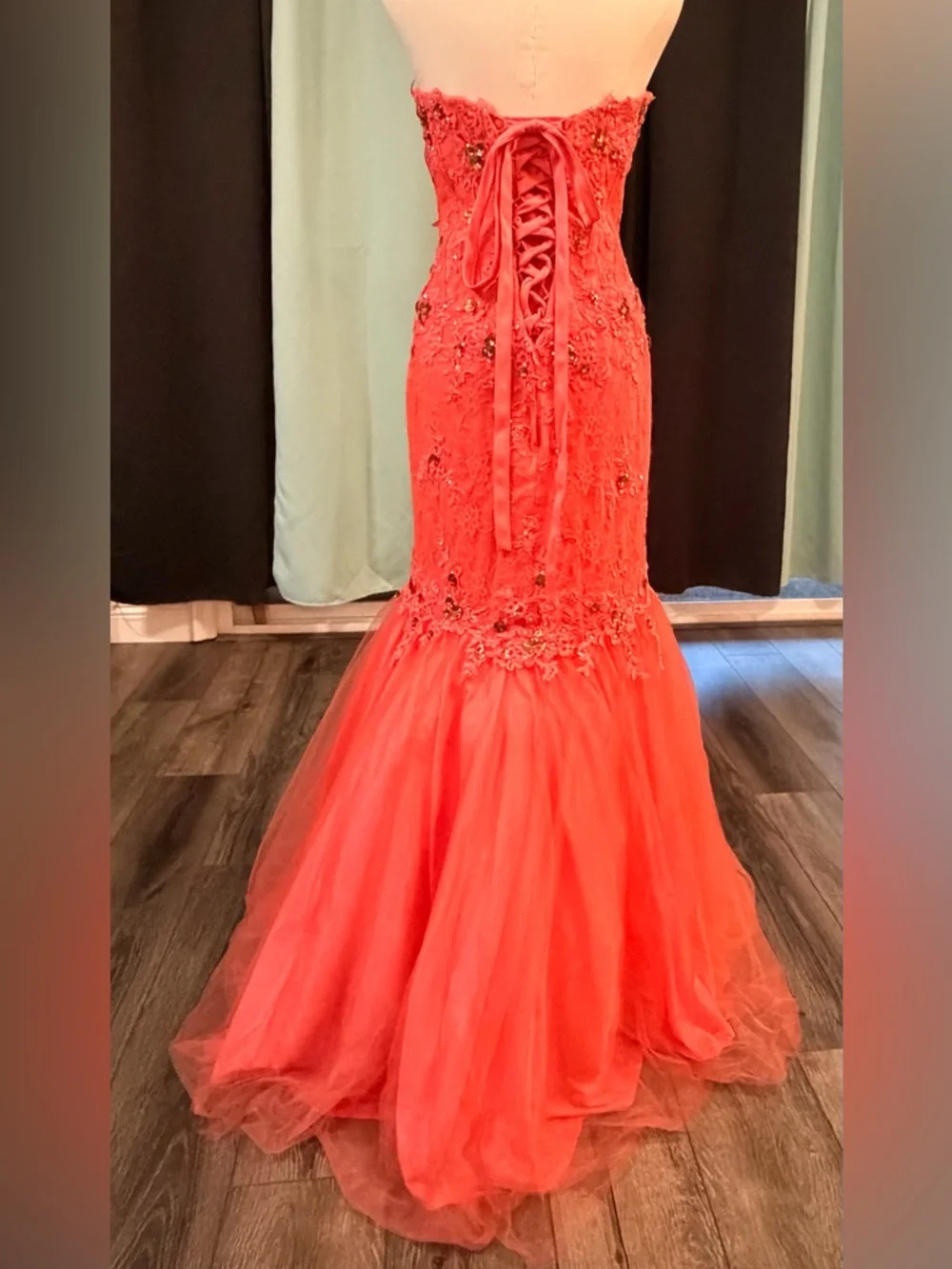 Anny Lee Coral Lace Mermaid Prom Dress Beaded Formal Gown Small Pageant Event - Picture 2 of 16